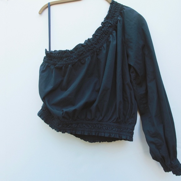 Free People One Shoulder Black Boho Long Sleeve Crop Top Size Small - Picture 4 of 4